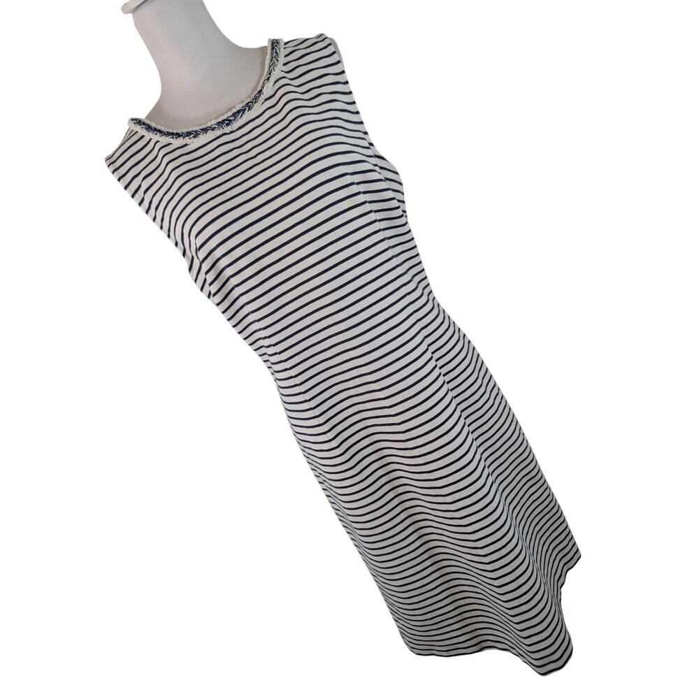TALBOTS! WHITE KNIT NAVY BLUE STRIPED DRESS, BRAIDED COLLAR DETAIL! SIZE 16